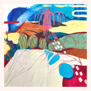 May include: An abstract painting featuring bold layers of blue, red, yellow, and green paint. The composition includes textured white areas, swirling pink lines, and geometric shapes, creating a layered visual effect with visible brushstrokes.