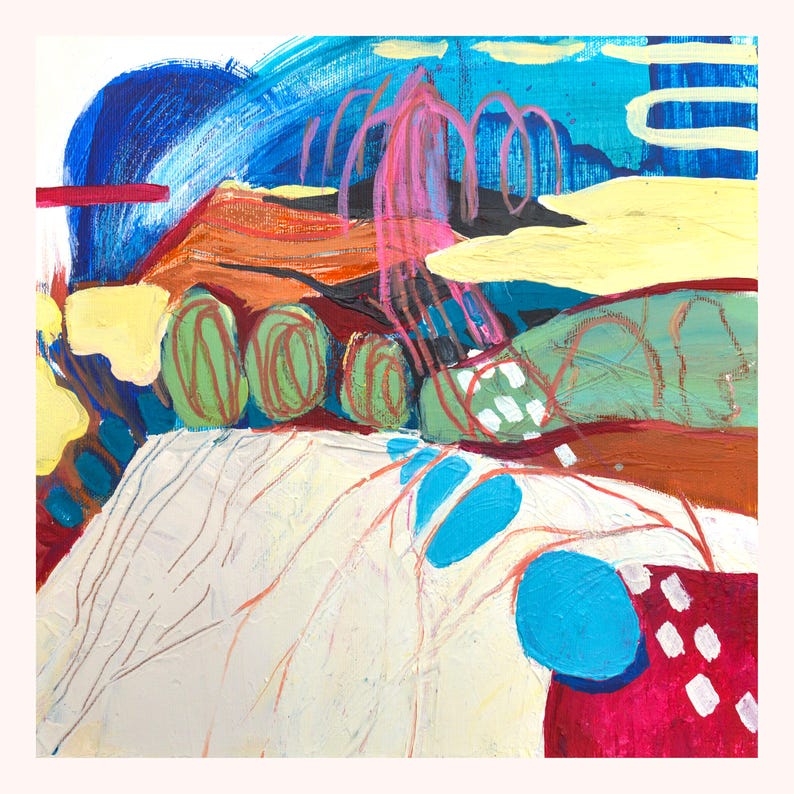 May include: An abstract painting featuring bold layers of blue, red, yellow, and green paint. The composition includes textured white areas, swirling pink lines, and geometric shapes, creating a layered visual effect with visible brushstrokes.