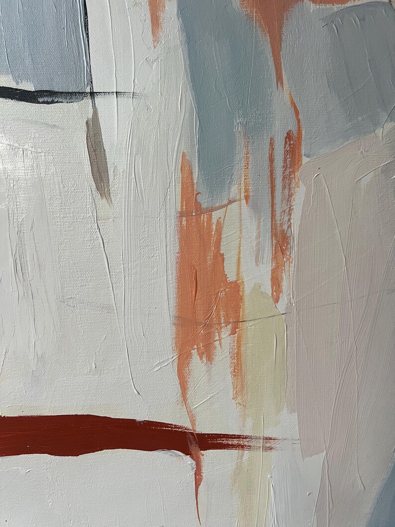 May include: An abstract painting on canvas featuring a textured composition of white, light blue, peach, and deep red paint. The artwork displays visible brushstrokes and layered colour blocks, with a prominent horizontal dark red line across the lower section.
