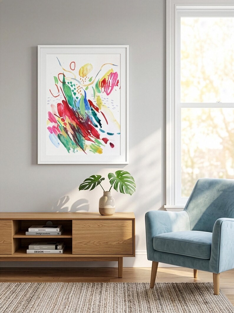 May include: A framed abstract art print featuring vibrant watercolor brushstrokes in red, green, blue, and yellow on a white background. The artwork displays dynamic, gestural marks, including circles, dashes, and layered color patches.