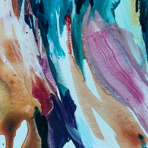 May include: Abstract painting with a palette of colors including teal, pink, orange, and purple. The artwork features brushstrokes and textured paint on a white canvas, creating a dynamic and expressive composition.
