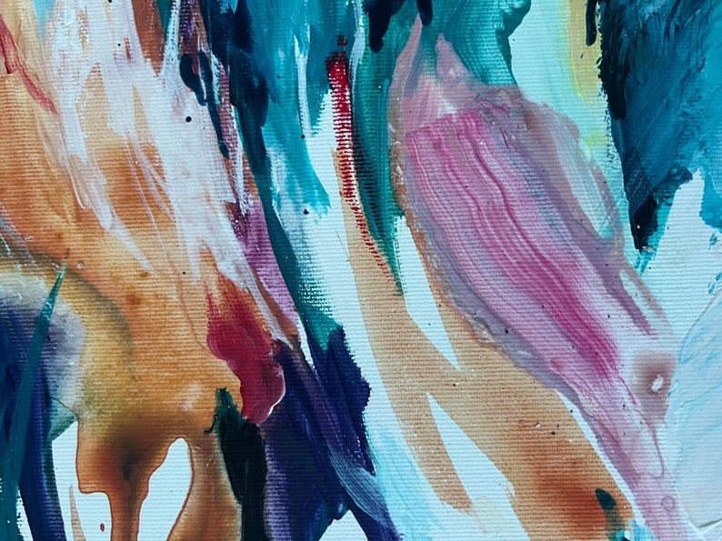 May include: Abstract painting with a palette of colors including teal, pink, orange, and purple. The artwork features brushstrokes and textured paint on a white canvas, creating a dynamic and expressive composition.