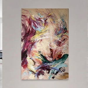 May include: Abstract painting with a beige background and dynamic brushstrokes in shades of burgundy, yellow, teal, and blue. The artwork features a mix of curved and linear lines, creating a sense of movement and depth. Splatters of black paint add a contrasting element.