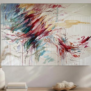 May include: Abstract painting with a dynamic composition. The artwork features a blend of colors, including red, teal, and yellow, creating a sense of movement. The background is a neutral off-white with vertical lines.