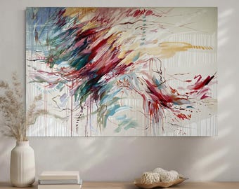 May include: Abstract painting with a dynamic composition. The artwork features a blend of colors, including red, teal, and yellow, creating a sense of movement. The background is a neutral off-white with vertical lines.