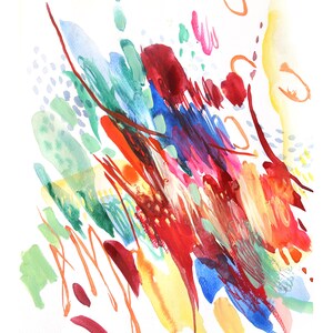 May include: An abstract watercolor painting featuring vibrant, layered brushstrokes in shades of red, blue, yellow, and green. The composition includes dynamic streaks, soft washes, and small dotted patterns scattered across a white background.