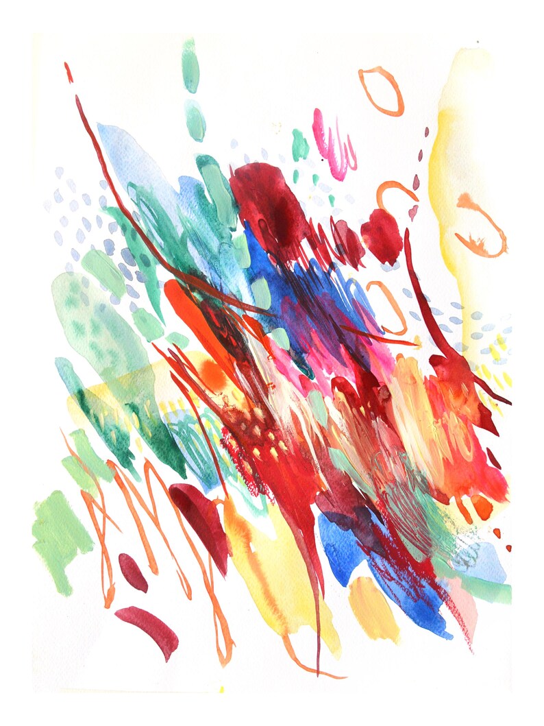 May include: An abstract watercolor painting featuring vibrant, layered brushstrokes in shades of red, blue, yellow, and green. The composition includes dynamic streaks, soft washes, and small dotted patterns scattered across a white background.