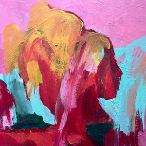 Puede incluir: Pintura abstracta con gruesas pinceladas en tonos rosa, rojo, amarillo y turquesa. La obra presenta una superficie texturizada, con capas de pintura visibles que crean una composici&oacute;n din&aacute;mica y expresiva. La paleta de colores es vibrante y en&eacute;rgica.