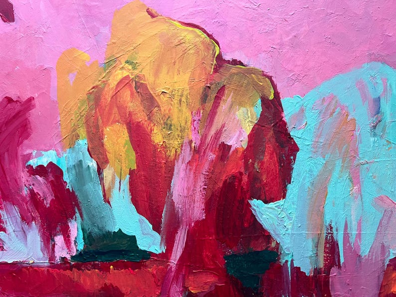 Puede incluir: Pintura abstracta con gruesas pinceladas en tonos rosa, rojo, amarillo y turquesa. La obra presenta una superficie texturizada, con capas de pintura visibles que crean una composici&oacute;n din&aacute;mica y expresiva. La paleta de colores es vibrante y en&eacute;rgica.