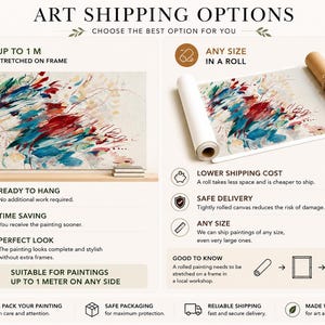 May include: An infographic titled ART SHIPPING OPTIONS comparing two methods: a painting stretched on a frame up to 1 meter and a painting in a roll. The visual displays an abstract painting with red, blue, and teal brushstrokes on a light background.