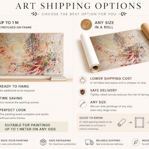 May include: An infographic titled ART SHIPPING OPTIONS displaying two choices for a painting: a stretched canvas on a frame up to 1 meter and a rolled canvas. The painting features abstract brushstrokes in red, blue, green, and beige tones.