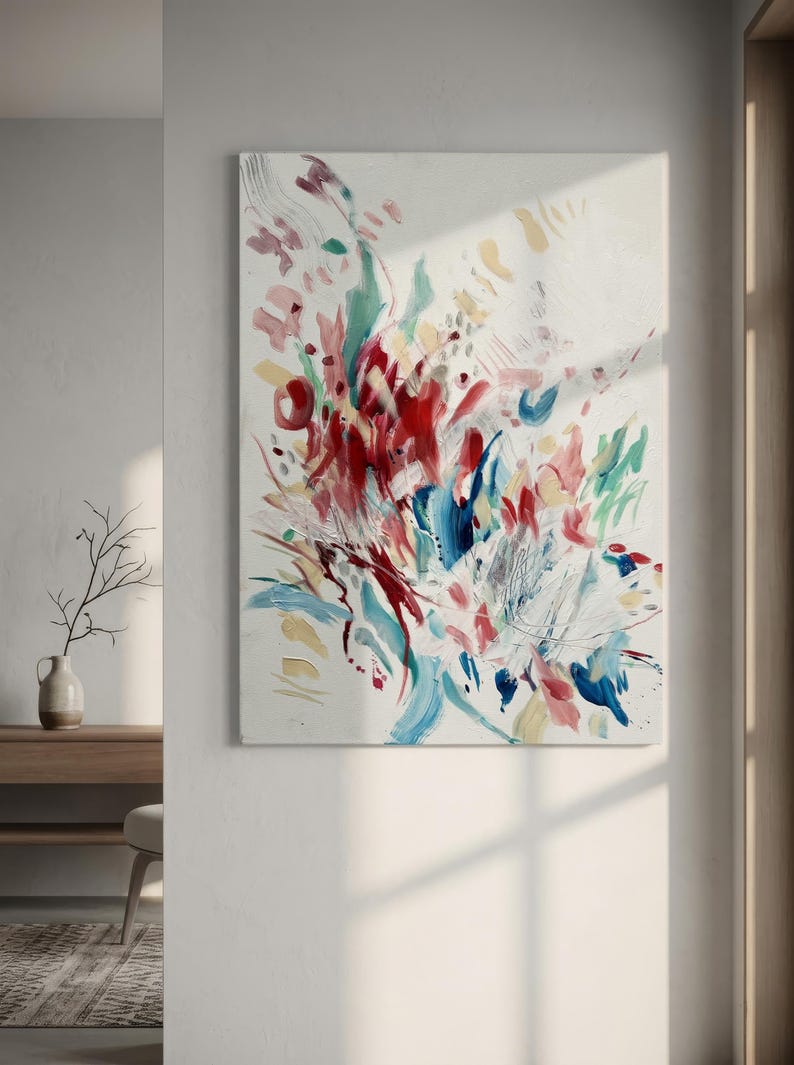 Origineel abstract acrylschilderij, verticale canvaskunst, kleurrijk expressionistisch 50 x 70 cm afbeelding 1