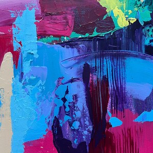 May include: Abstract painting with thick brushstrokes in shades of blue, pink, purple, and green. The artwork features a textured surface with visible paint layers, creating a dynamic and colorful composition. The style is expressive and modern.
