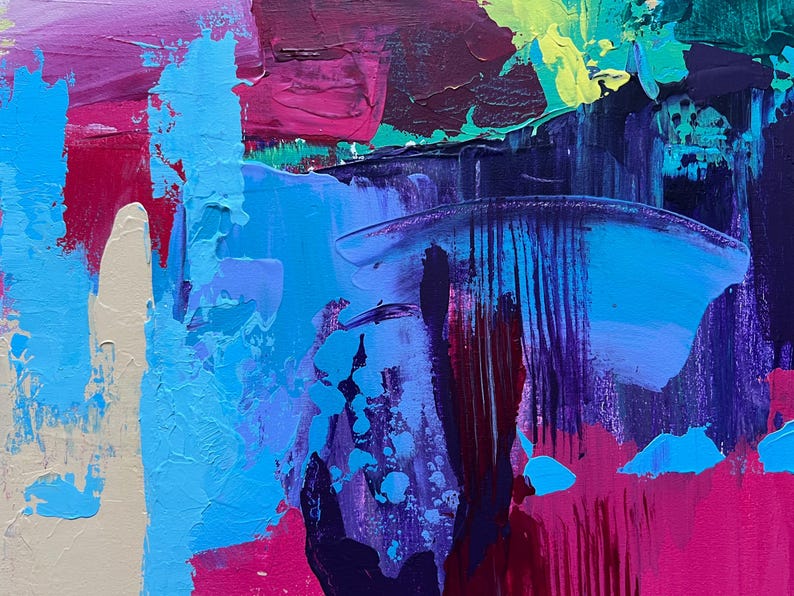May include: Abstract painting with thick brushstrokes in shades of blue, pink, purple, and green. The artwork features a textured surface with visible paint layers, creating a dynamic and colorful composition. The style is expressive and modern.