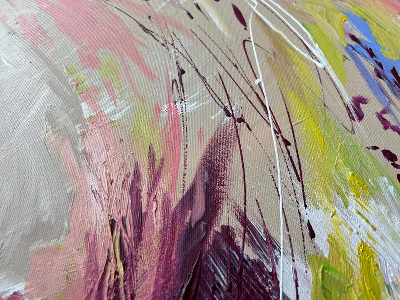 May include: Abstract painting with a textured canvas. The artwork features a blend of colors, including pink, yellow, purple, and blue, with white and dark brown accents. The brushstrokes are visible, creating a dynamic and expressive composition.