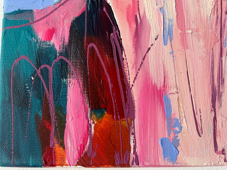 May include: Abstract painting with a palette of pink, teal, red, and purple. The artwork features brushstrokes and drips, creating a textured surface. The composition includes areas of dark and light tones, with a focus on color and form.