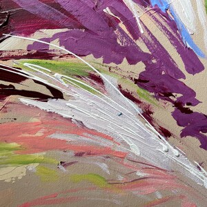 May include: Abstract painting with a beige background and bold brushstrokes in shades of purple, white, pink, green, and burgundy. The artwork features a textured canvas with visible paint layers and a dynamic composition.