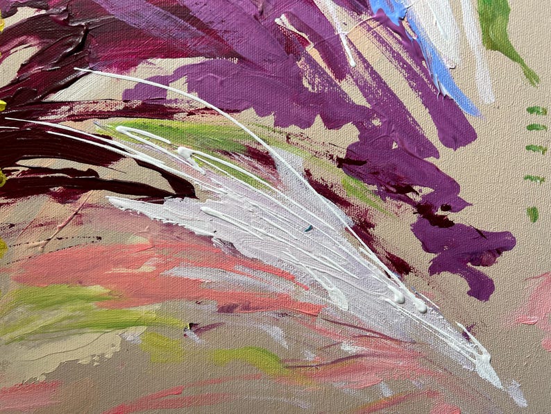 May include: Abstract painting with a beige background and bold brushstrokes in shades of purple, white, pink, green, and burgundy. The artwork features a textured canvas with visible paint layers and a dynamic composition.