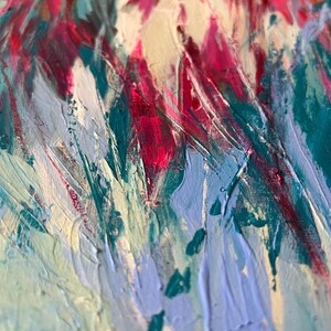 May include: Abstract painting with thick brushstrokes in shades of teal, pink, white, and light blue. The artwork has a textured appearance, with visible paint layers creating a dynamic and expressive composition.