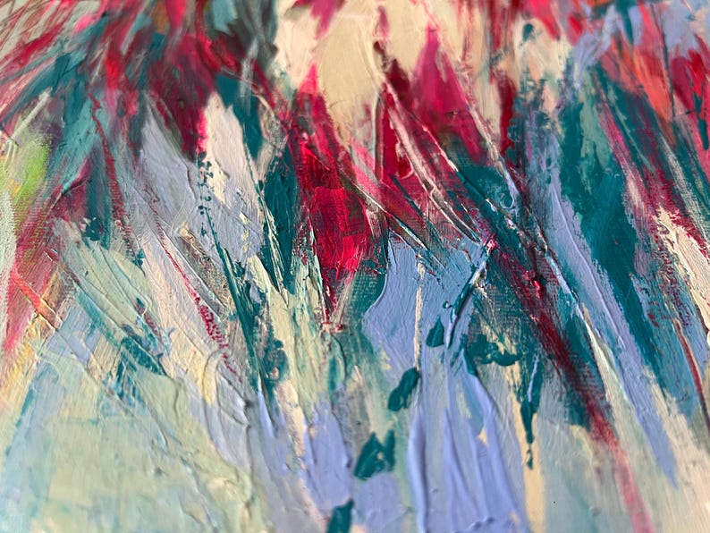 May include: Abstract painting with thick brushstrokes in shades of teal, pink, white, and light blue. The artwork has a textured appearance, with visible paint layers creating a dynamic and expressive composition.