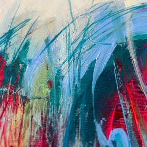 May include: Abstract painting with visible brushstrokes in shades of red, blue, green, and yellow. The artwork features a textured surface with a mix of thick and thin paint applications, creating a dynamic and expressive composition.