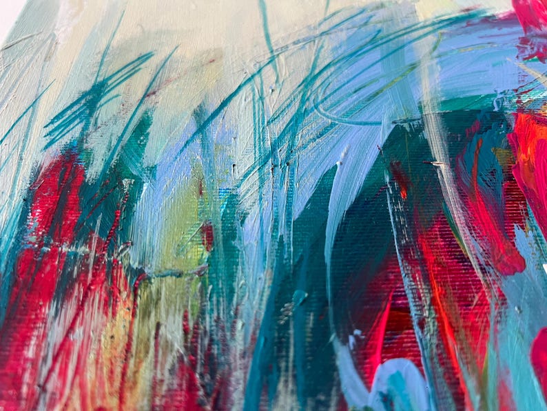 May include: Abstract painting with visible brushstrokes in shades of red, blue, green, and yellow. The artwork features a textured surface with a mix of thick and thin paint applications, creating a dynamic and expressive composition.
