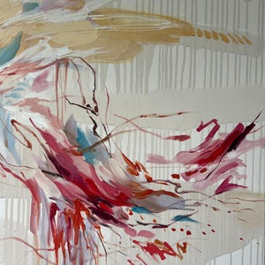 May include: Abstract painting with a palette of red, pink, and white brushstrokes. The artwork features layered textures, with drips and vertical lines adding depth. Touches of blue and gold accent the composition, creating a dynamic and expressive piece.
