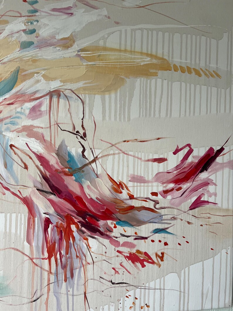 May include: Abstract painting with a palette of red, pink, and white brushstrokes. The artwork features layered textures, with drips and vertical lines adding depth. Touches of blue and gold accent the composition, creating a dynamic and expressive piece.