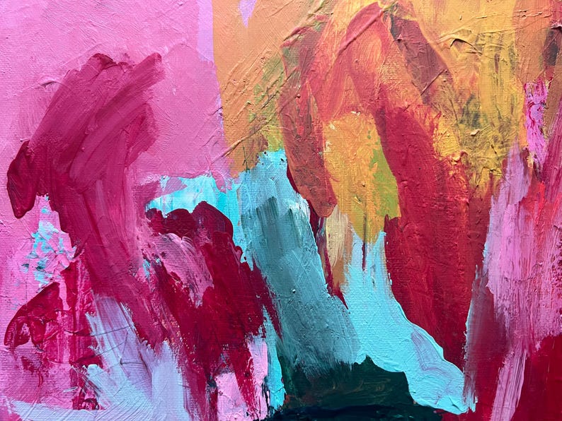 Puede incluir: Pintura abstracta con pinceladas audaces en tonos rosa, rojo, naranja, amarillo y turquesa. La obra presenta una superficie texturizada con capas de pintura visibles, creando una composici&oacute;n din&aacute;mica y expresiva. La paleta de colores es vibrante y en&eacute;rgica.