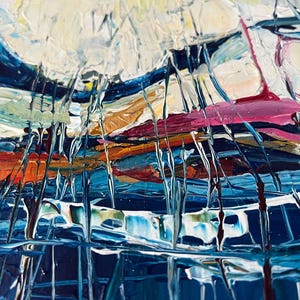 May include: Abstract oil painting with thick brushstrokes in shades of blue, white, orange, and pink. The artwork features a textured, layered effect, with visible paint ridges and a dynamic composition. The painting evokes a sense of depth and movement.