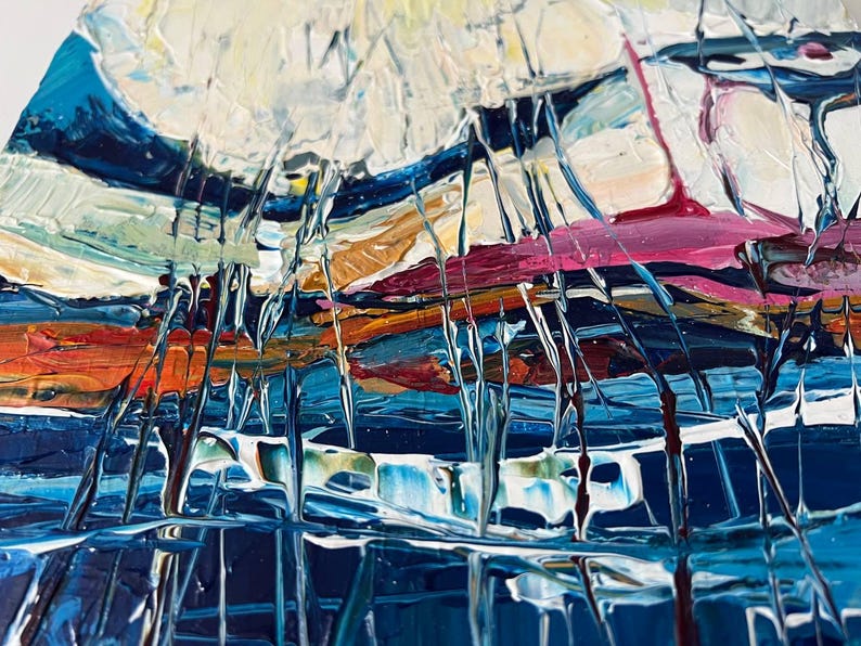 May include: Abstract oil painting with thick brushstrokes in shades of blue, white, orange, and pink. The artwork features a textured, layered effect, with visible paint ridges and a dynamic composition. The painting evokes a sense of depth and movement.