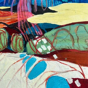 May include: An abstract painting featuring layered textures and bold colours. The composition includes bright blue, pale yellow, deep red, and green shapes with thin, dark red linear markings and white rectangular accents on a textured canvas surface.