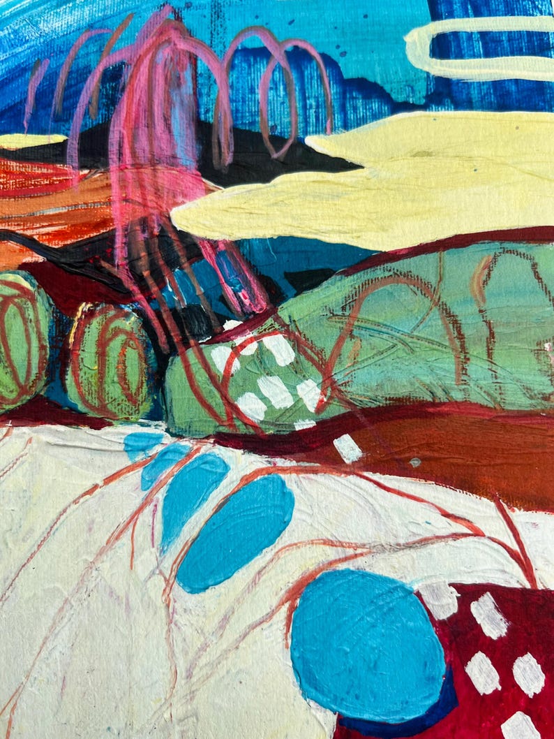 May include: An abstract painting featuring layered textures and bold colours. The composition includes bright blue, pale yellow, deep red, and green shapes with thin, dark red linear markings and white rectangular accents on a textured canvas surface.