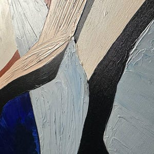 May include: Abstract oil painting with a textured surface. The artwork features geometric shapes in shades of blue, beige, black, and white. The brushstrokes are visible, creating a dynamic and tactile effect. The composition is modern and minimalist.