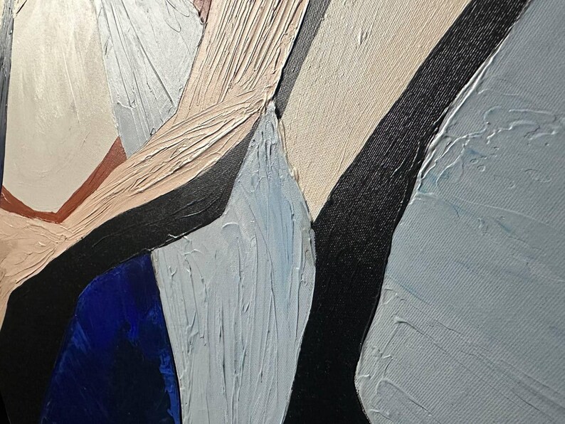 May include: Abstract oil painting with a textured surface. The artwork features geometric shapes in shades of blue, beige, black, and white. The brushstrokes are visible, creating a dynamic and tactile effect. The composition is modern and minimalist.