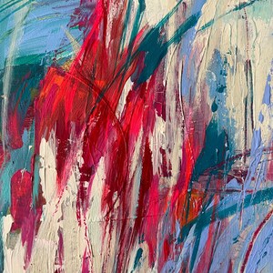 May include: Abstract painting with bold brushstrokes in shades of red, white, teal, and light blue. The artwork features a textured surface with visible paint layers, creating a dynamic and expressive composition. The painting evokes a sense of movement and energy.