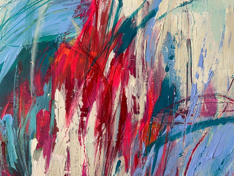 May include: Abstract painting with bold brushstrokes in shades of red, white, teal, and light blue. The artwork features a textured surface with visible paint layers, creating a dynamic and expressive composition. The painting evokes a sense of movement and energy.