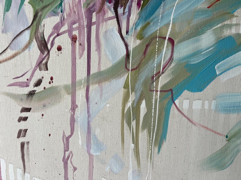 May include: Abstract painting with brushstrokes in shades of blue, green, purple, and white on a beige canvas. The artwork features a mix of thick and thin paint applications, creating a textured effect. Splatters and drips add to the dynamic composition.