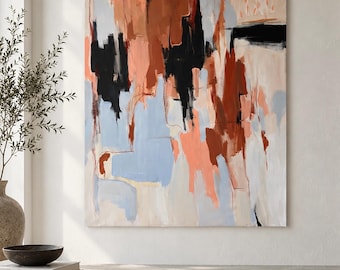 May include: A large rectangular abstract painting featuring vertical brushstrokes in shades of terracotta, burnt orange, black, light blue, and cream. The composition displays layered paint textures with bold, dark vertical shapes contrasting against softer, lighter pastel tones across the canvas surface.