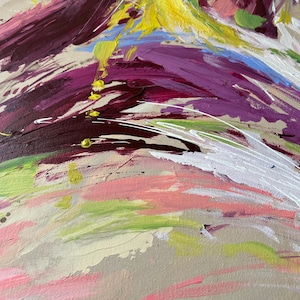 May include: Abstract painting with bold brushstrokes in shades of burgundy, purple, pink, yellow, and green. White and gold accents add contrast. The artwork is on a beige canvas, creating a textured effect.