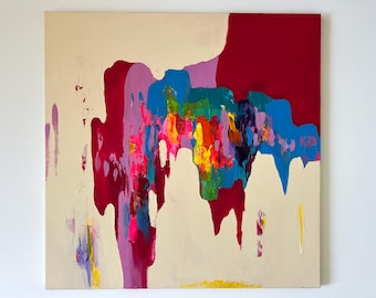 May include: Abstract painting on canvas with a cream background and bold strokes of red, purple, blue, yellow, and pink. The artwork features a mix of textures and colors, creating a dynamic visual effect.