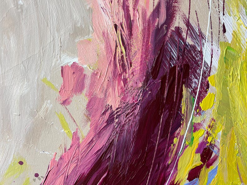 May include: Abstract painting with textured brushstrokes in shades of pink, magenta, and yellow. The artwork features a beige background with white and yellow accents. The painting has a modern, expressive style.