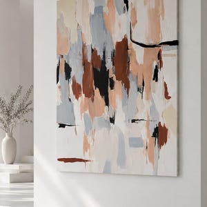 May include: A large rectangular canvas featuring an abstract painting with vertical brushstrokes in shades of terracotta, soft peach, light grey, and cream, accented by bold, thin black lines and dark brown patches against a white background.