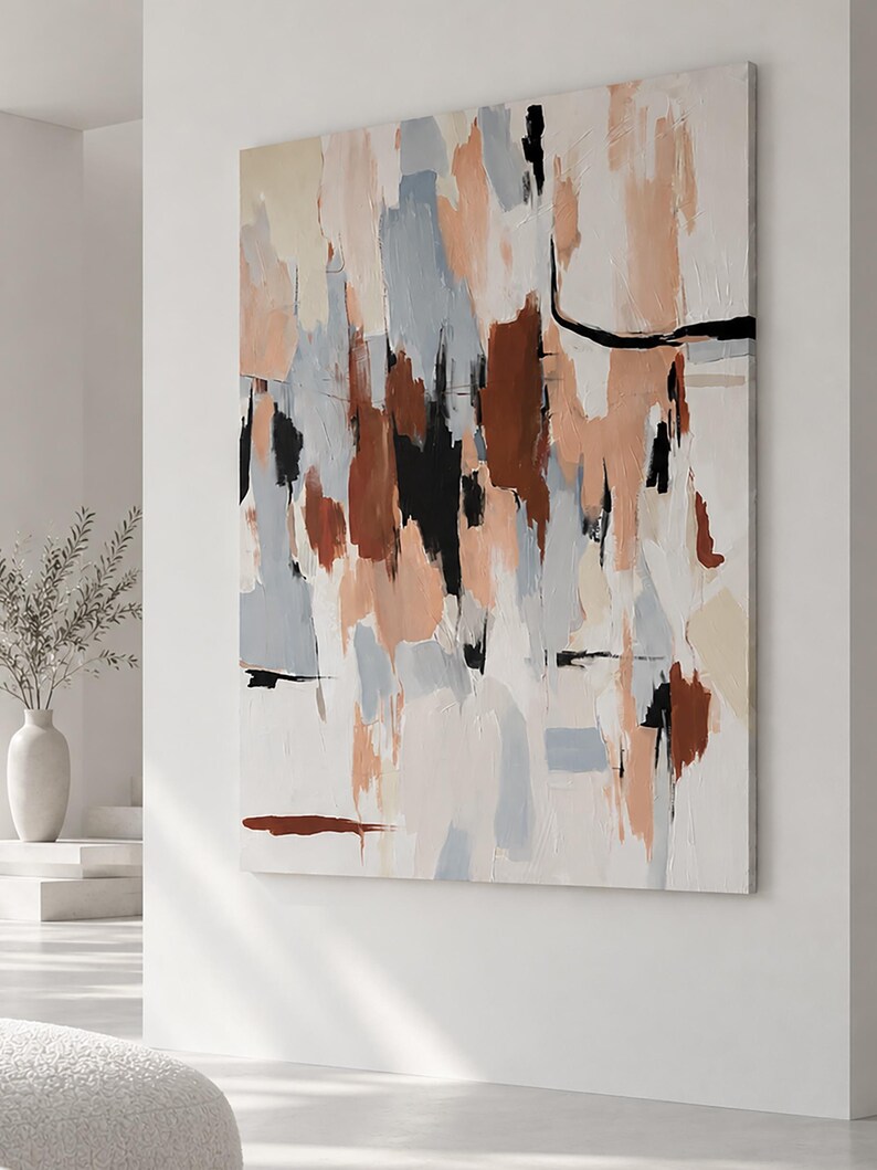 May include: A large rectangular canvas featuring an abstract painting with vertical brushstrokes in shades of terracotta, soft peach, light grey, and cream, accented by bold, thin black lines and dark brown patches against a white background.