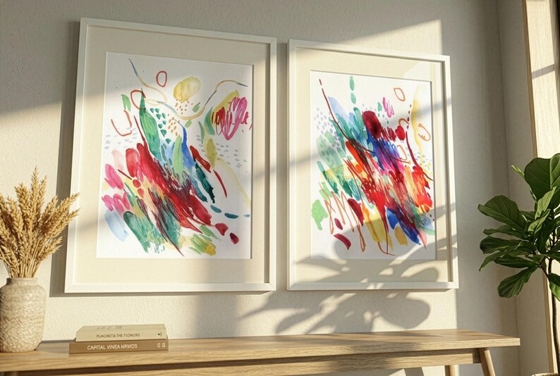 May include: Two framed wall art prints featuring abstract watercolor paintings with vibrant splashes of red, blue, green, and yellow brushstrokes on a white background. The prints are housed in matching light-colored frames with white matting.