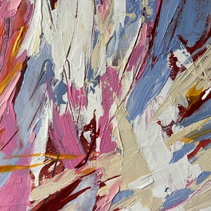 May include: Abstract painting with thick brushstrokes in shades of pink, white, blue, and red. The artwork features textured layers and visible brush marks, creating a dynamic and expressive composition. Yellow and beige accents add contrast.