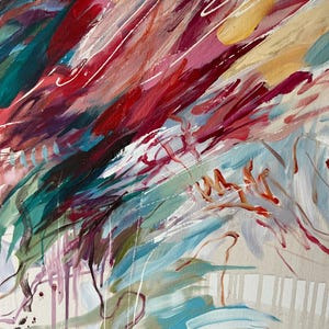 May include: Abstract painting with a beige background and bold brushstrokes in red, pink, teal, and yellow. White lines and drips add texture. The artwork has a dynamic, energetic feel.