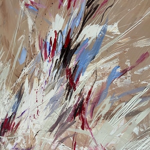 May include: Abstract painting with a beige background and dynamic brushstrokes in white, red, blue, and black. The artwork features a textured surface with splatters and streaks, creating a sense of movement and energy.