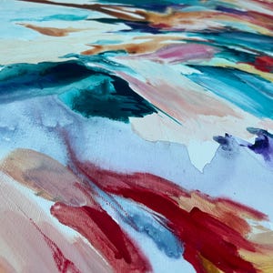 May include: Abstract painting with a close-up view of brushstrokes in shades of red, blue, teal, and peach. The artwork is on a white canvas, with the brushstrokes creating a sense of movement and texture.