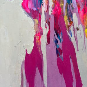May include: Abstract painting with a textured white background and vibrant, dripping paint in shades of pink, purple, yellow, and blue. The artwork features a dynamic composition with visible brushstrokes and a modern aesthetic.